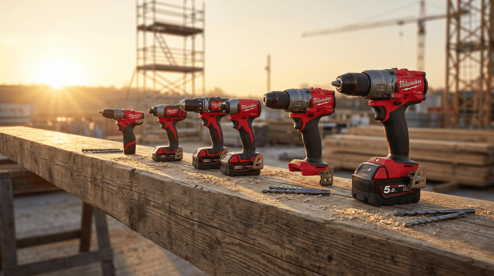 Professional contractors workspace with Milwaukee cordless power drills
