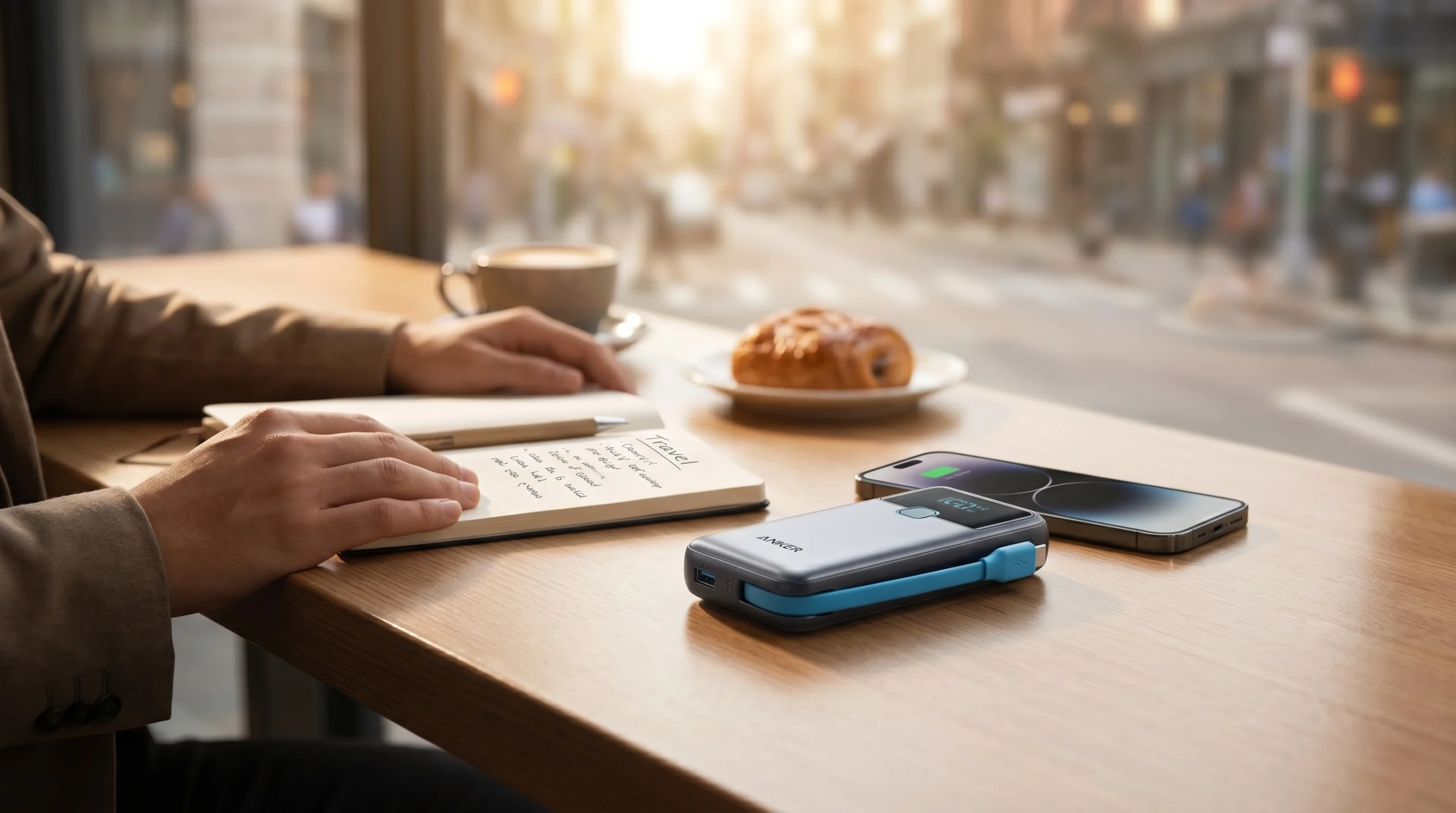 Hands in a cafe resting next to an Anker Zolo 20K power bank charging a smartphone