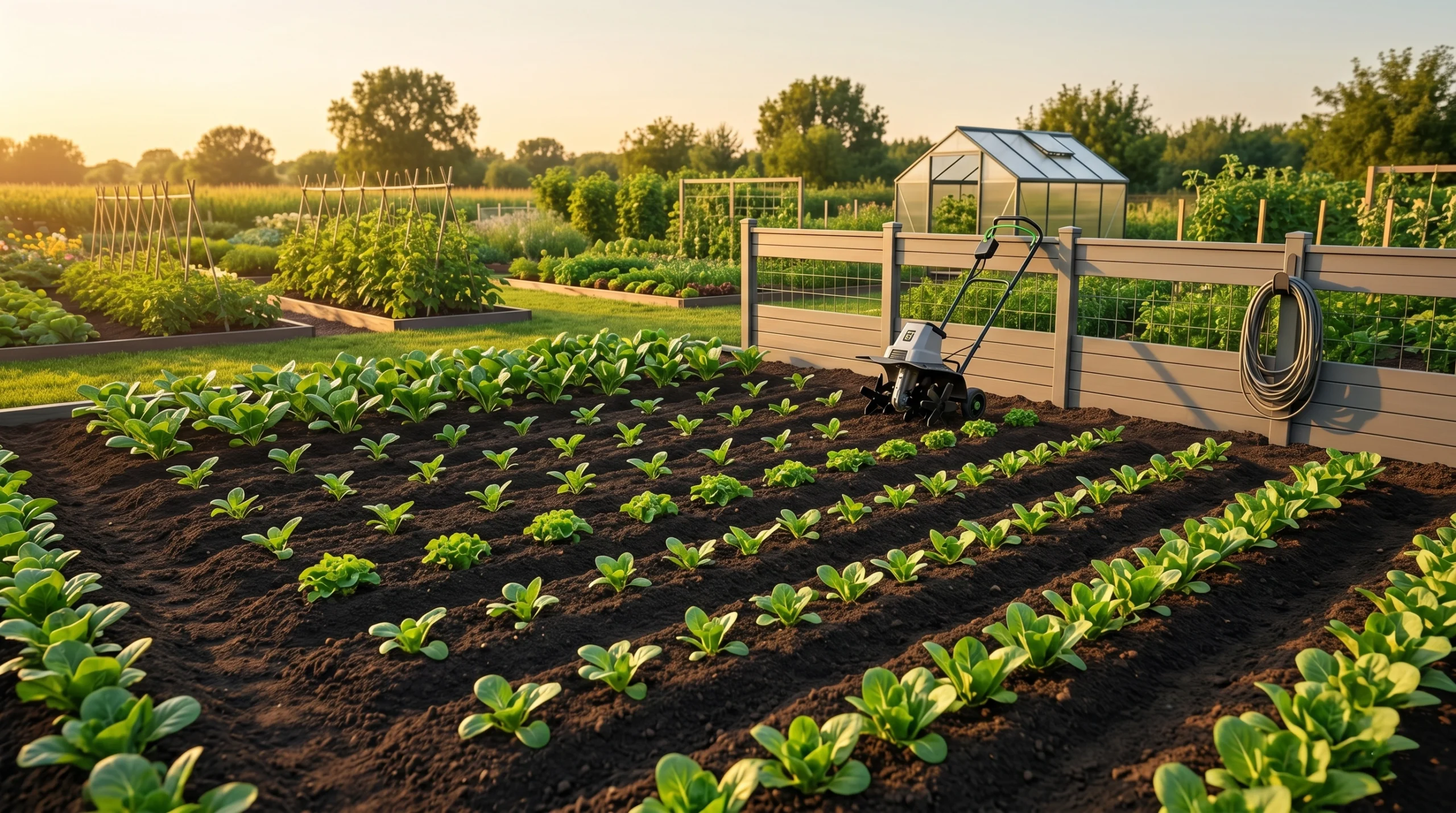 A healthy, thriving home garden plot at golden hour, ready for planting, with an electric tiller propped in the background.