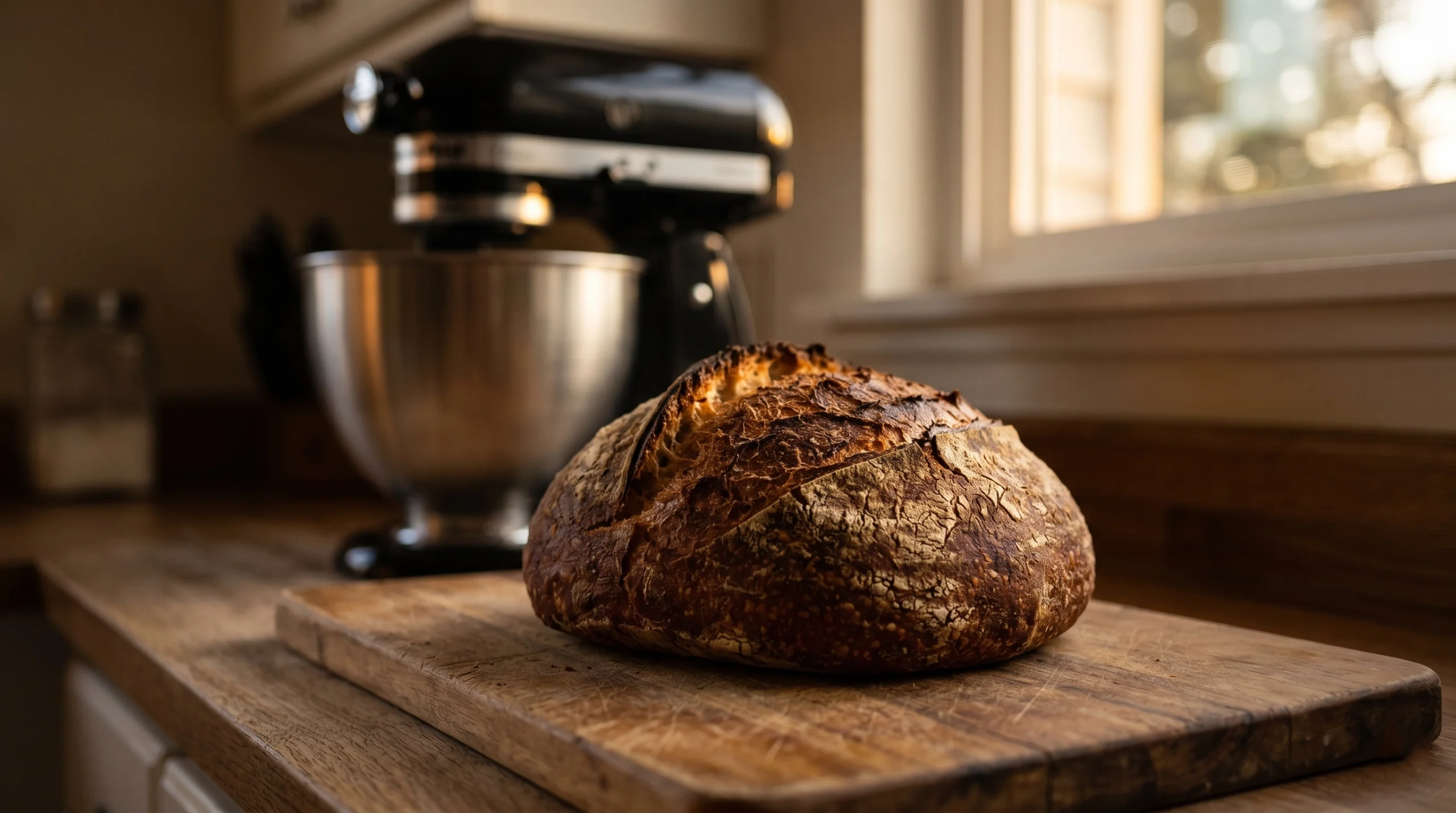 A beautiful home kitchen under warm soft lighting featuring a successfully prepared rustic baked loaf next to a parked KitchenAid mixer.