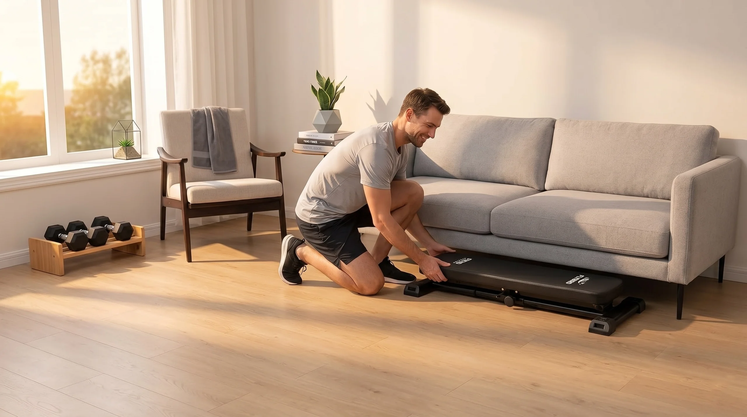 A fully folded weight foldable bench stored neatly away in a modern bedroom setting