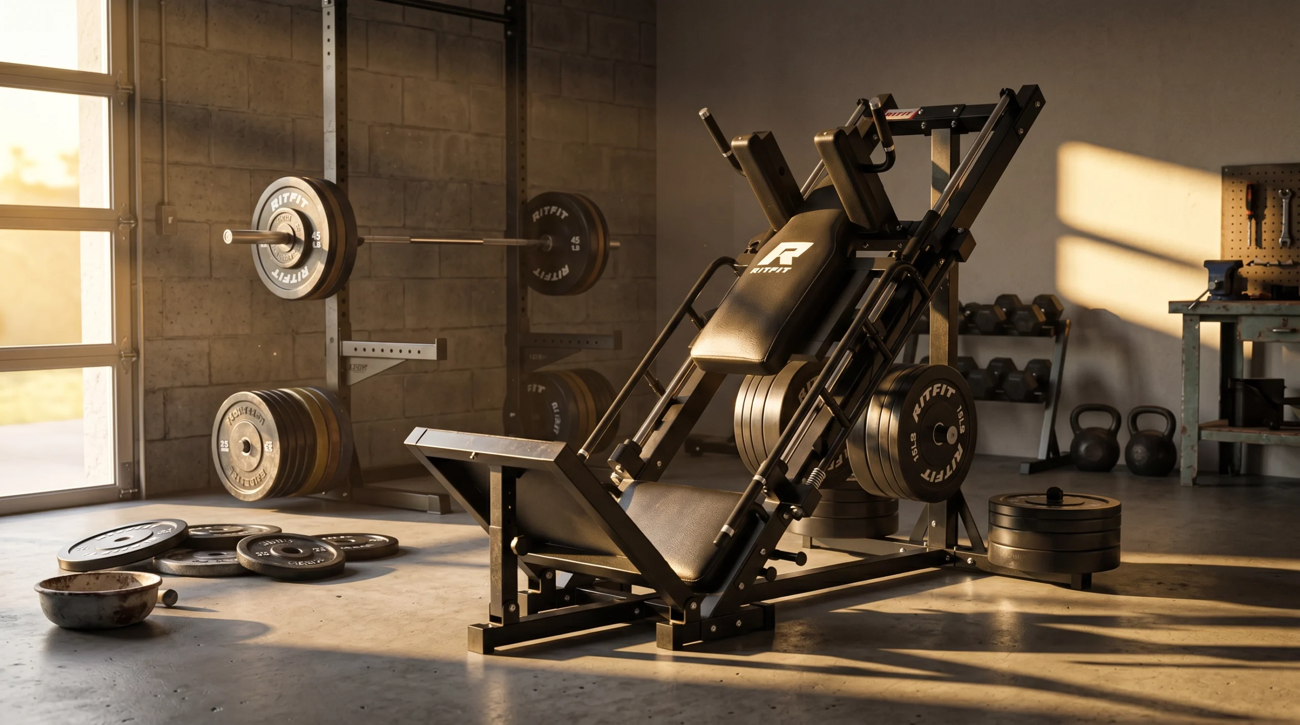 Home gym setup with a leg press hack squat machine