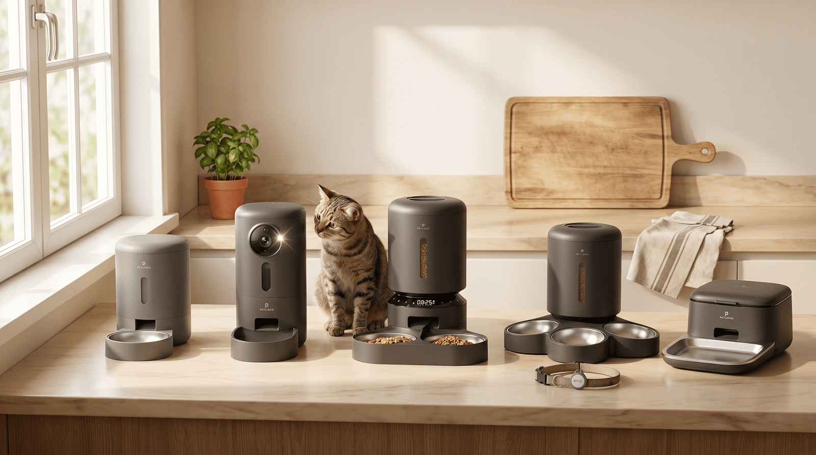 PETLIBRO Automatic Cat Feeders comparison lineup 2026 showing a sleek lineup of all five PETLIBRO feeders on a clean kitchen counter with a curious tabby in the background, warm natural light.