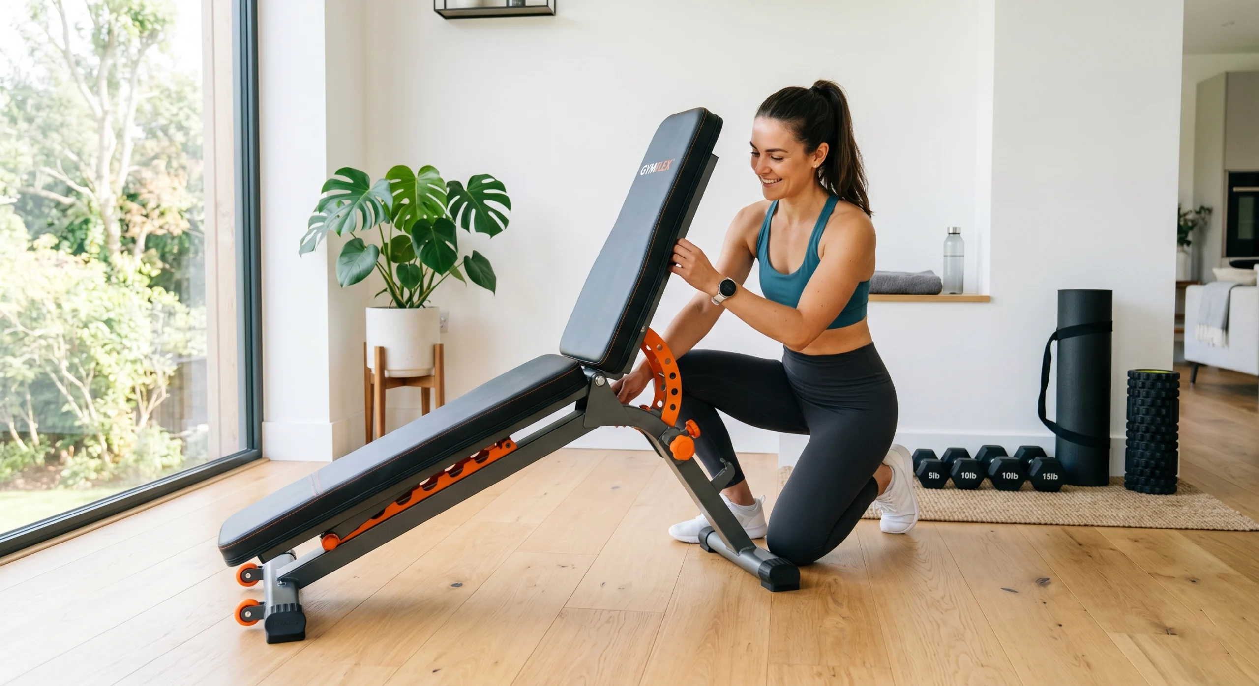 A modern home gym setup featuring a high-quality weight foldable bench ready for a workout
