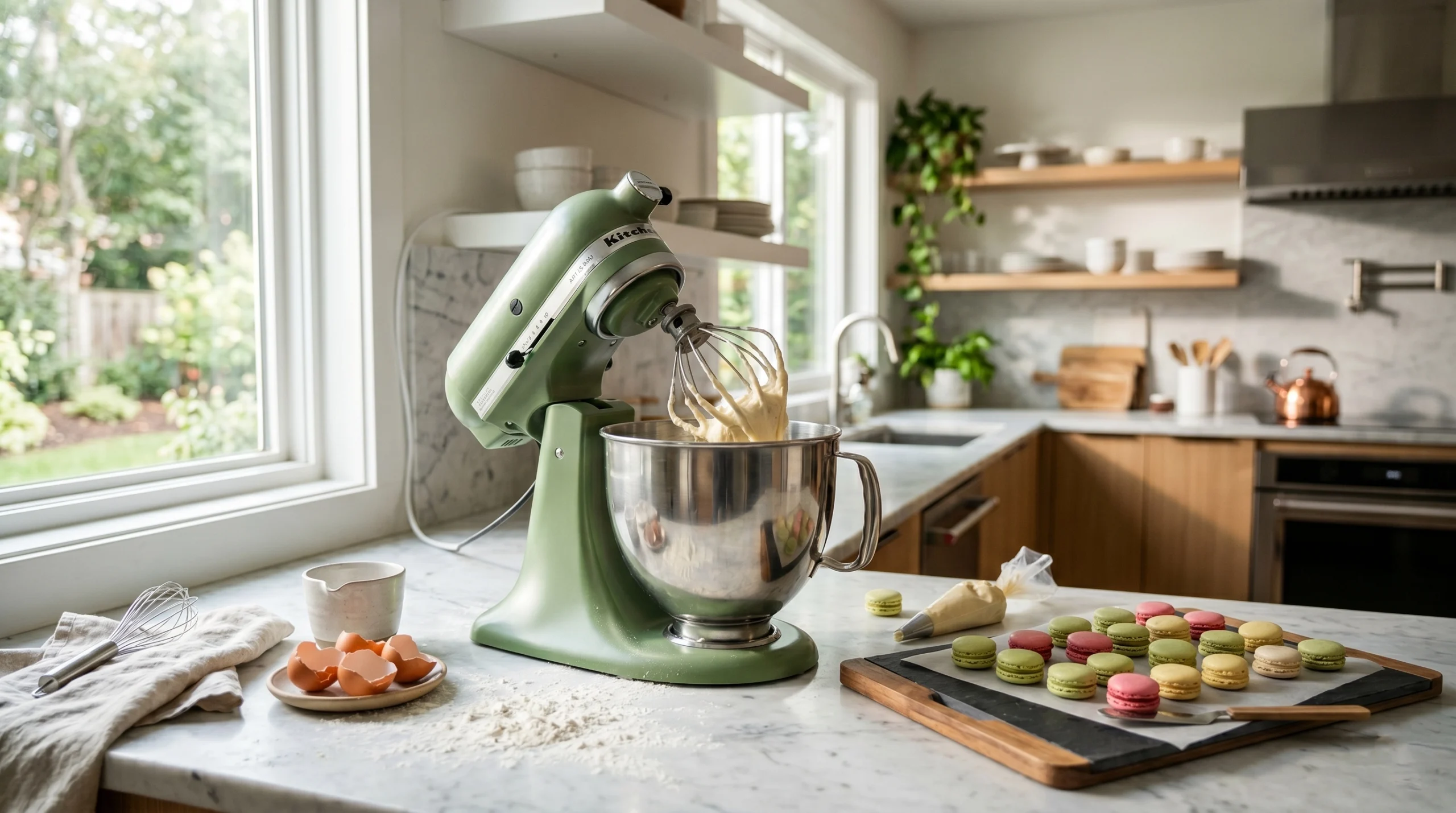 A cinematic, wide-angle view of a modern home kitchen featuring a glowing KitchenAid tilt head stand mixer sitting on a clean marble countertop.