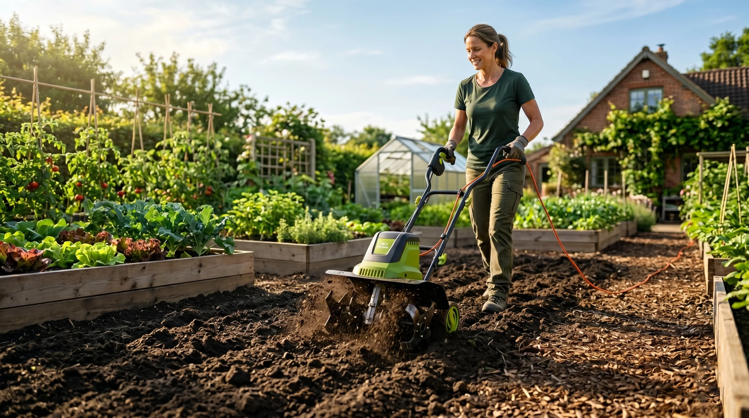 A gardener effortlessly uses a powerful modern electric tiller to break ground and cultivate soil in a sunlit home garden.