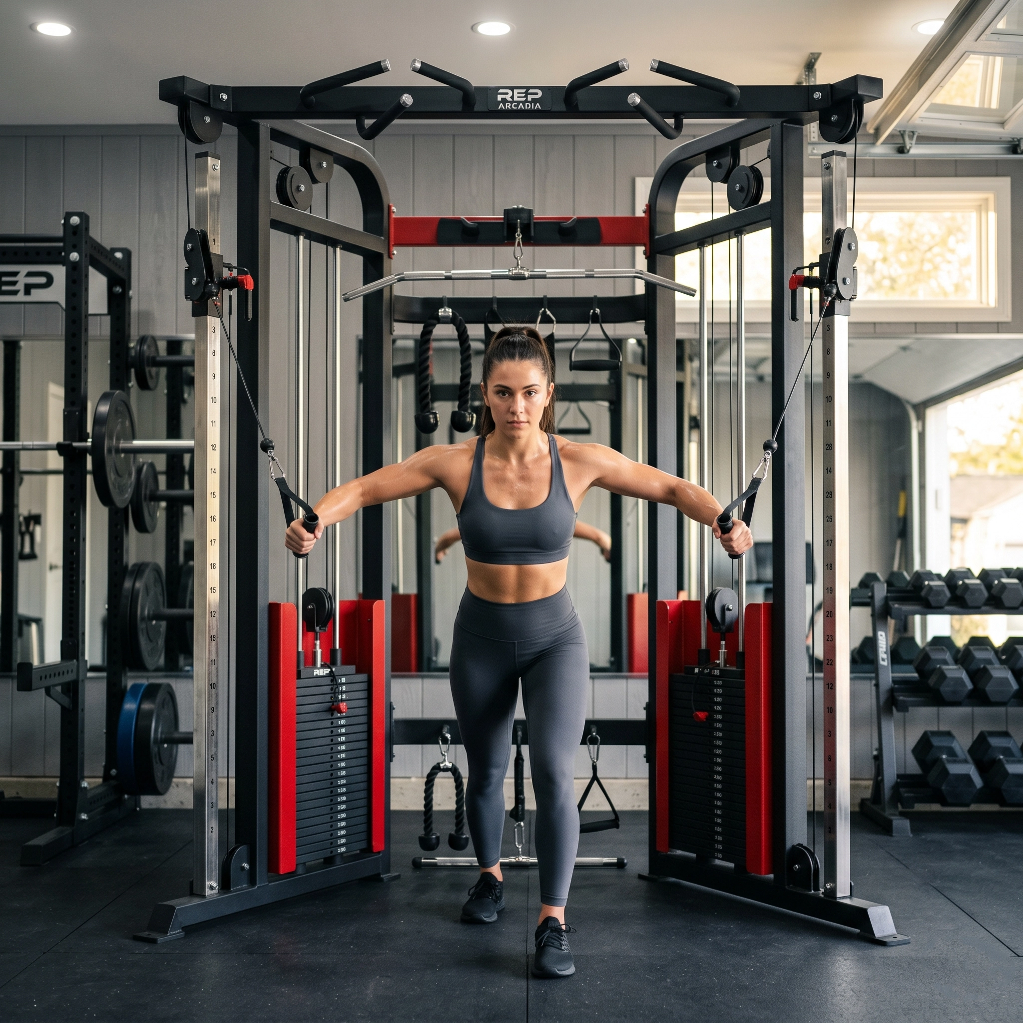 Functional Trainers set up in a garage home gym