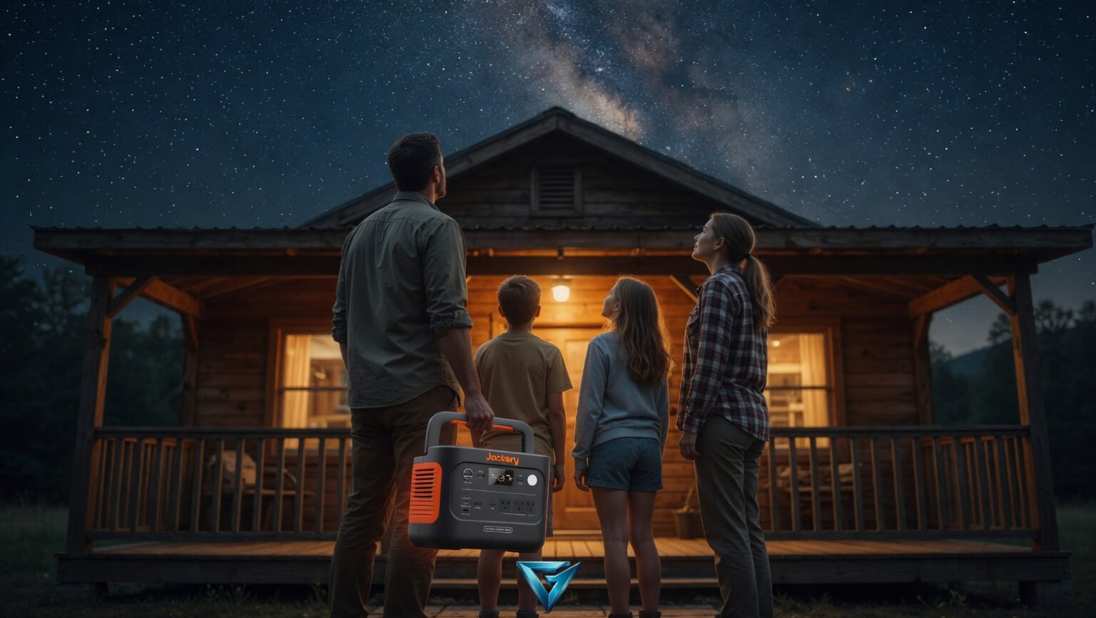A bright, fully powered campsite at night demonstrating off grid capabilities
