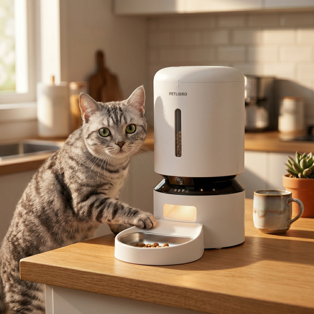 Gray tabby cat reaching up to a white PETLIBRO Automatic Cat Feeder with Camera on a wooden kitchen counter in morning sunlight