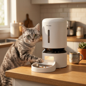 Gray tabby cat reaching up to a white PETLIBRO Automatic Cat Feeder with Camera on a wooden kitchen counter in morning sunlight