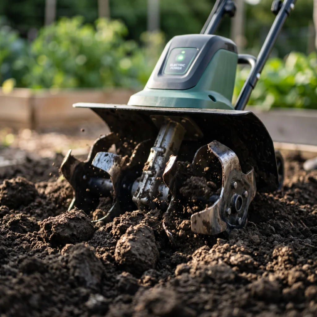 Close-up detail of powerful steel tines on an electric garden tiller breaking into soil.