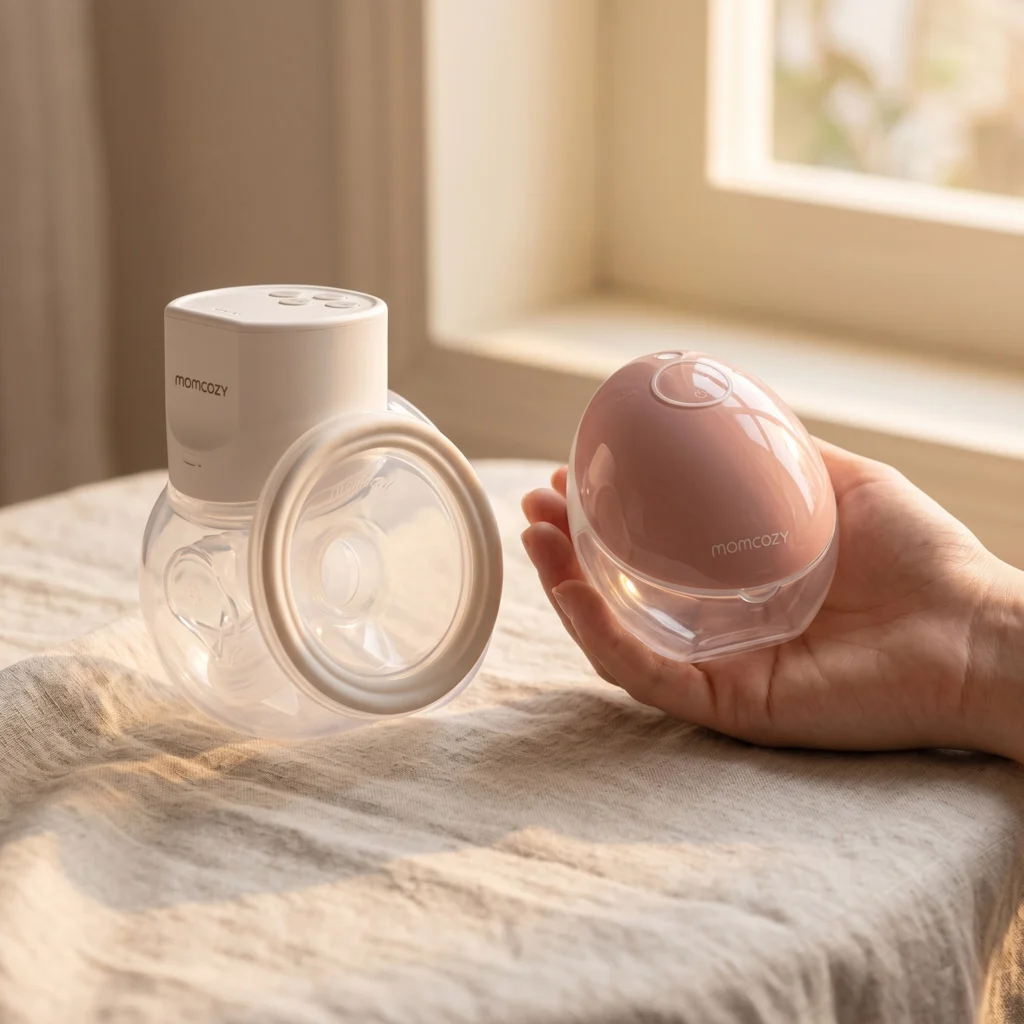 Close-up of Momcozy breast pump models S12 Pro and M9 highlighting comfort flange and discreet design.