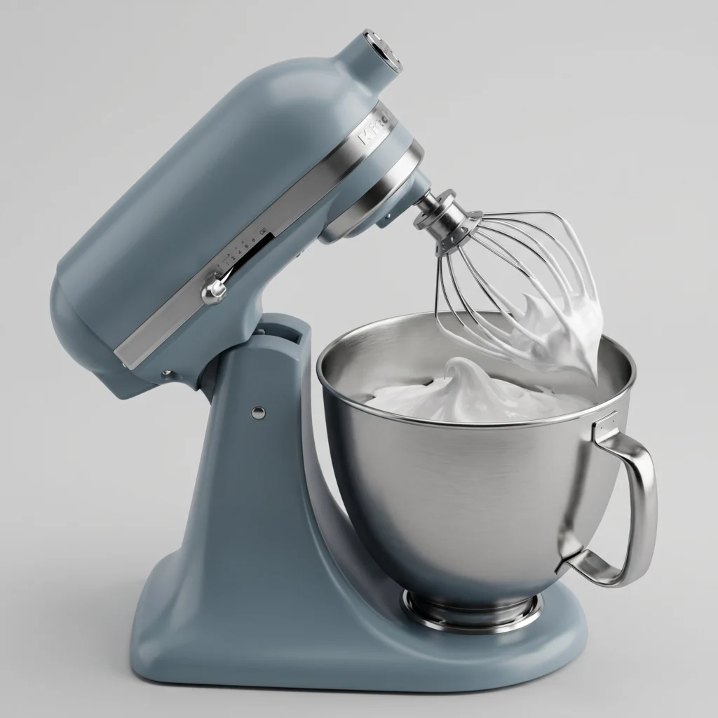 A focused, 1:1 close-up photograph highlighting the sturdy metallic tilt head mechanism and small handled bowl of a KitchenAid Artisan Mini stand mixer in Ice blue.