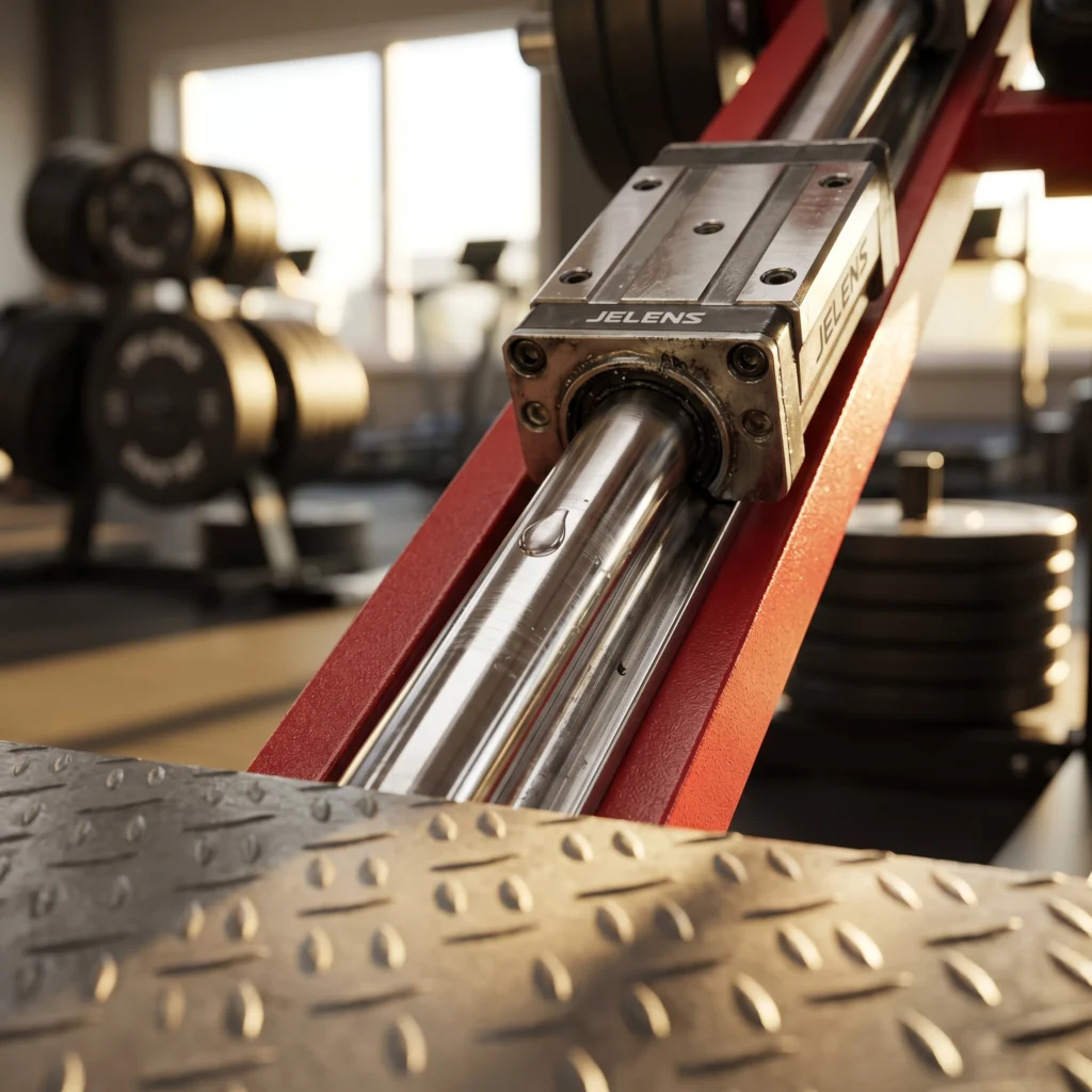 Hyperrealistic macro shot of a leg press hack squat machine’s linear bearing on a polished steel rail with a diamond footplate and a bead of sweat.