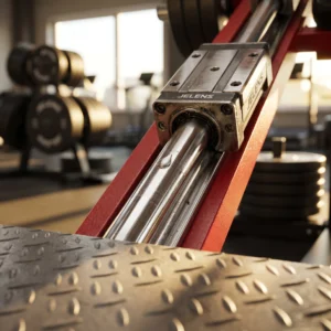 Hyperrealistic macro shot of a leg press hack squat machine’s linear bearing on a polished steel rail with a diamond footplate and a bead of sweat.