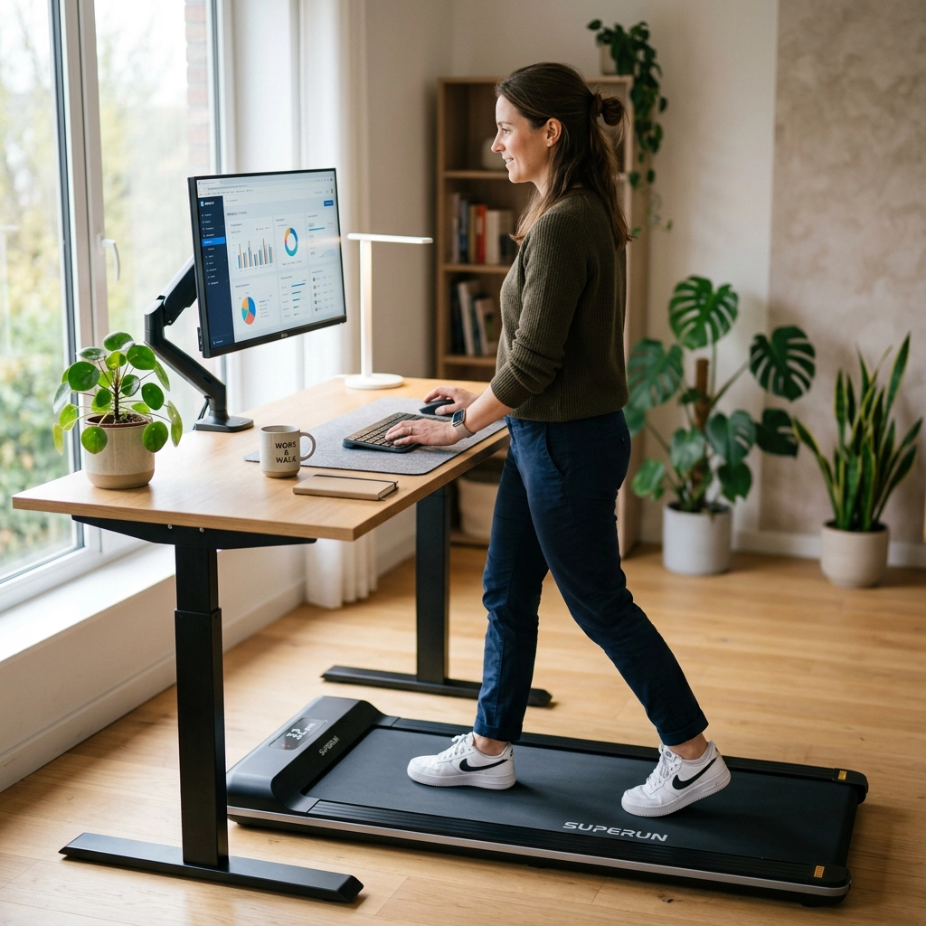 Person walking on a compact Superun under desk treadmill while working at a standing desk in a bright home office.