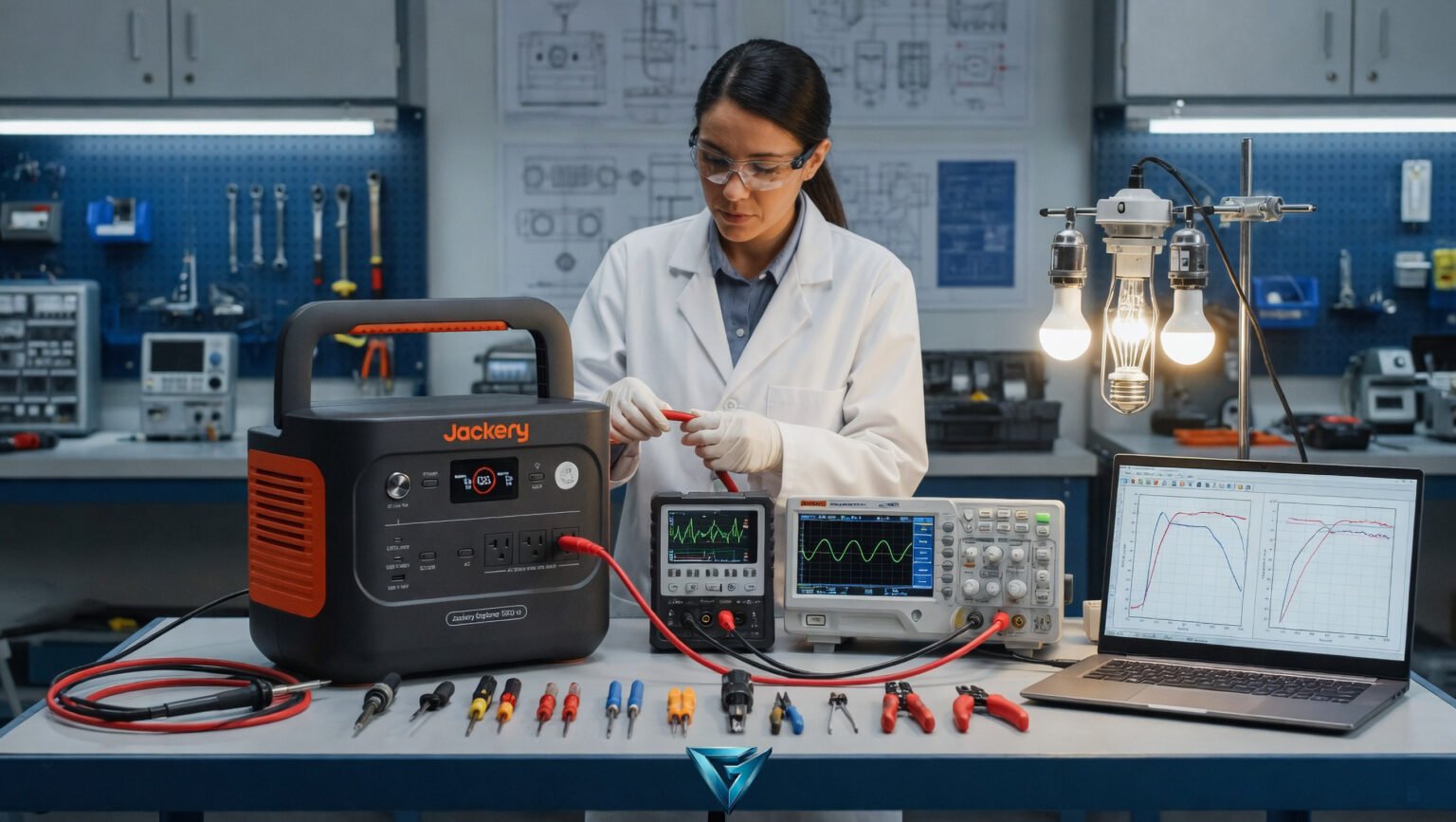 Technical testing equipment measuring wattage output on a battery