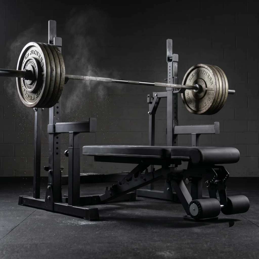 Heavy-duty foldable weight bench set up for a max bench press with a loaded barbell on a rack behind the head, correct grip shown, raw powerlifting atmosphere.