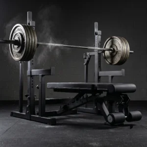 Heavy-duty foldable weight bench set up for a max bench press with a loaded barbell on a rack behind the head, correct grip shown, raw powerlifting atmosphere.
