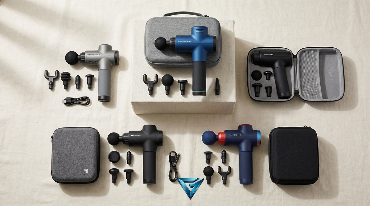 Sharper Image massage guns organized gracefully for fitness recovery layout