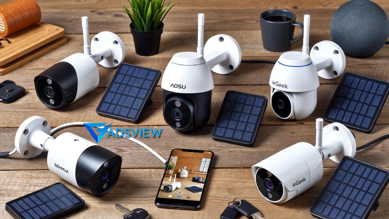 A sleek modern solar powered security camera mounted outdoors on a sunny day