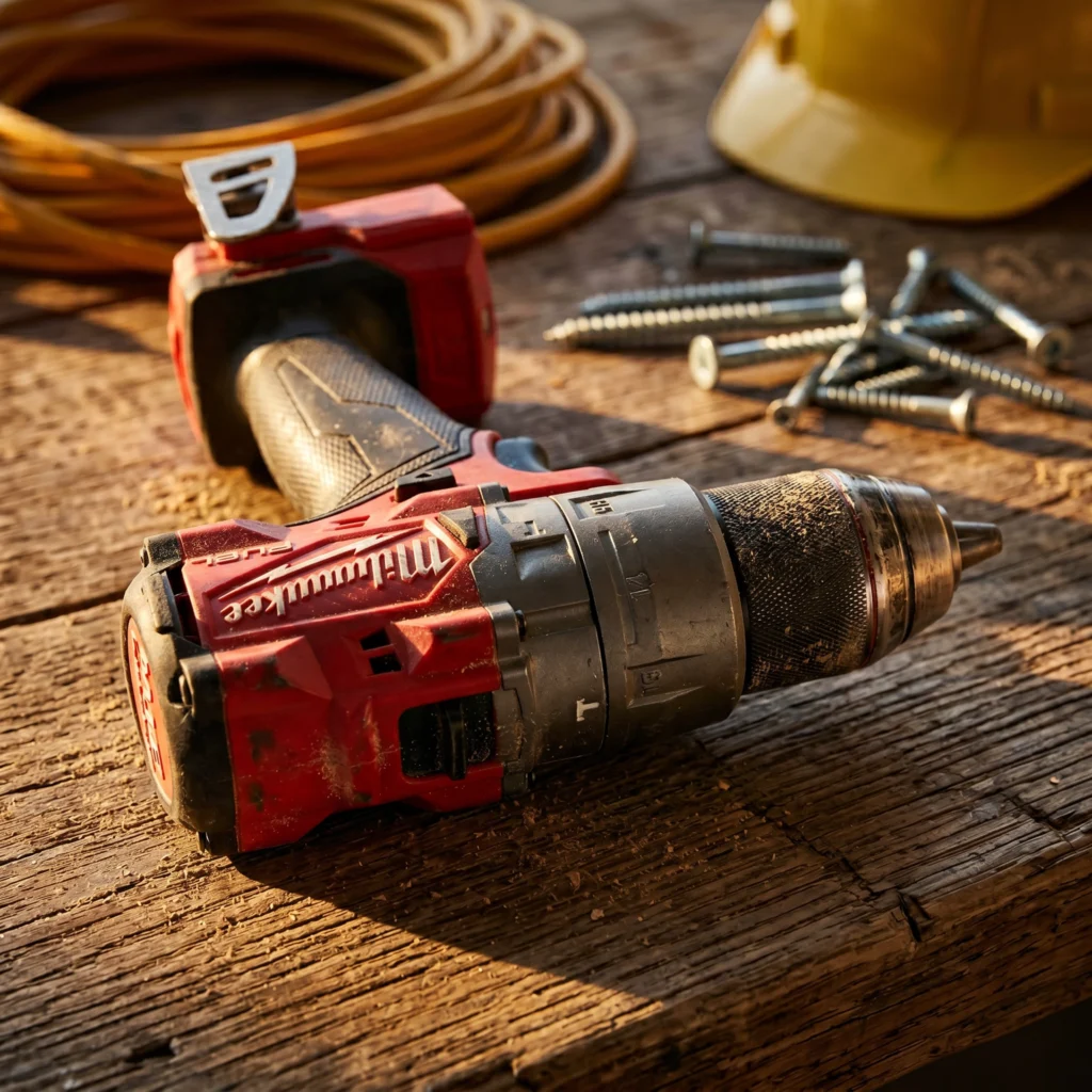One of the most durable Milwaukee cordless power drills, the M18 Fuel Hammer Drill, resting on a dusty workbench after a long day of heavy use.