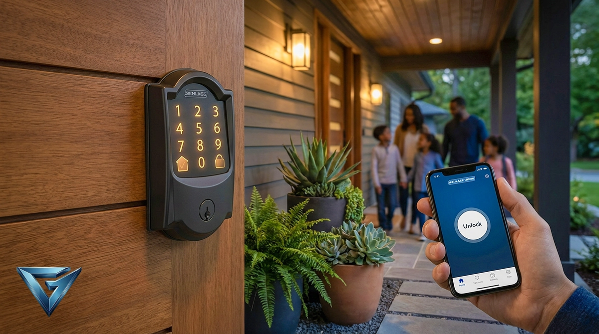 A sleek modern Schlage smart lock mounted on a dark wooden door