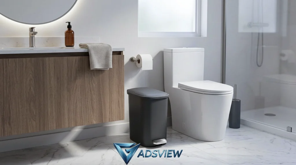 Amazon Basics Compact Plastic Bathroom Trash Can with Soft-Close Lid