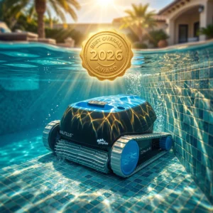 Dolphin Nautilus CC Plus Wi‑Fi robotic pool cleaner underwater with a glowing "Best Overall" badge, actively scrubbing a pool wall.