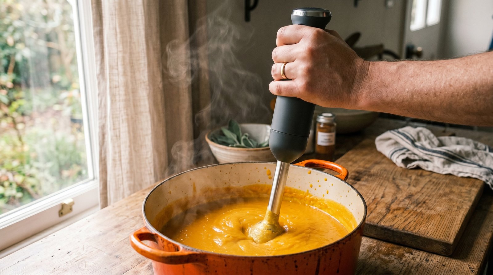 KitchenAid Go cordless hand blender blending soup in a pot on the stove