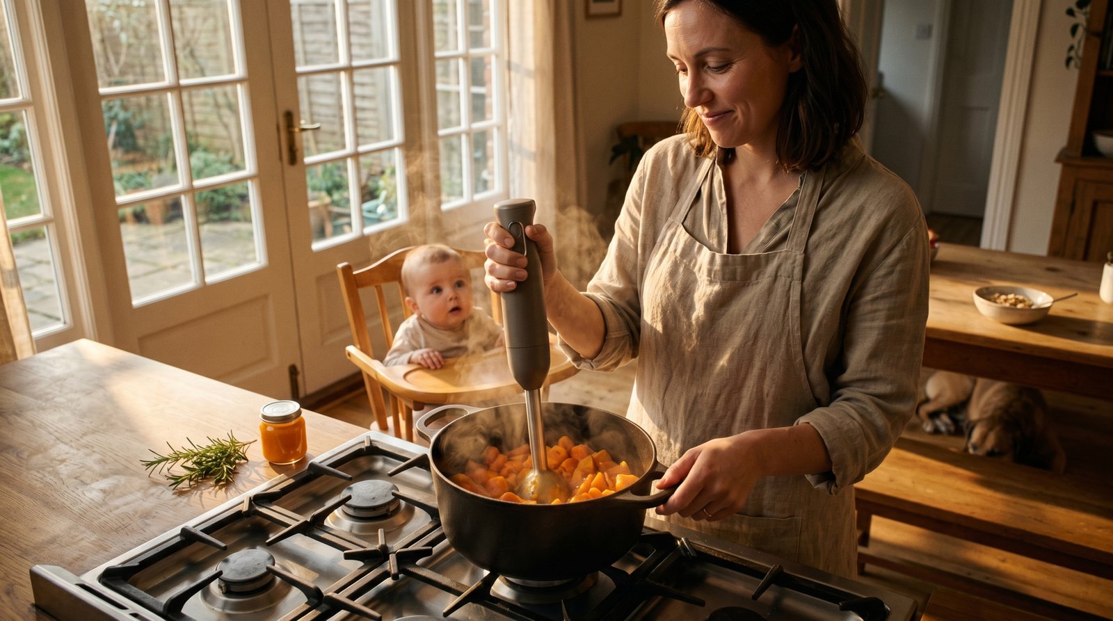 Using a KitchenAid cordless hand blender in the kitchen