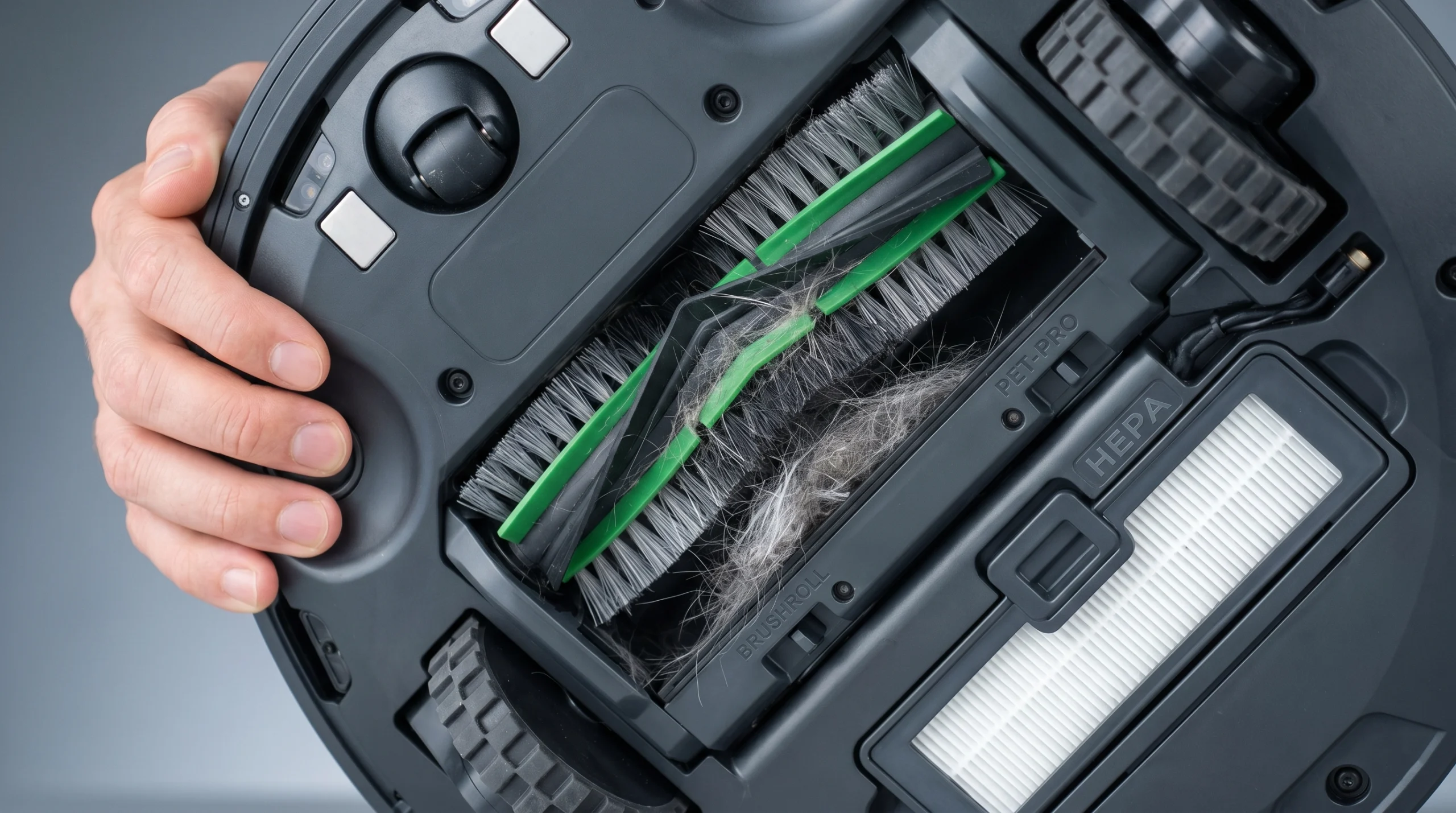 Close-up of robot vacuum brush mechanics and pet hair components