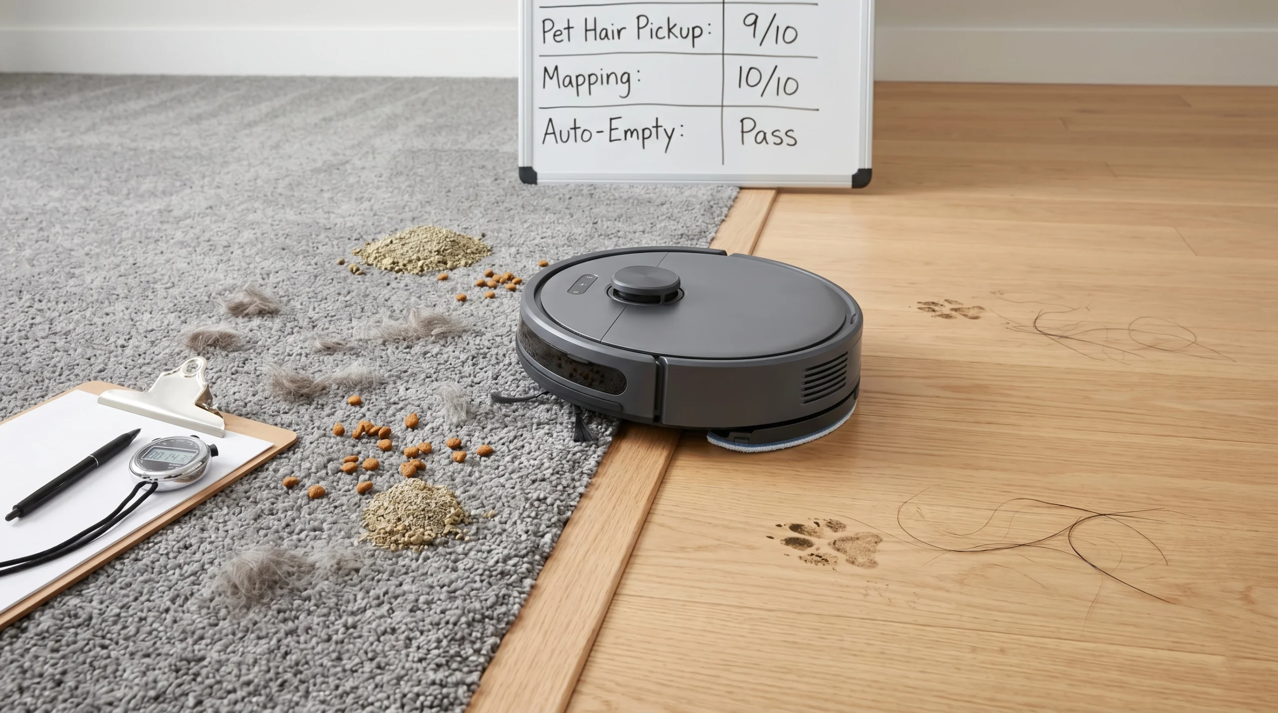 Testing arena setup evaluating cleaning performance across floor configurations