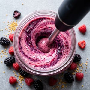 Square top‑down view of a cordless hand blender pureeing a vibrant berry smoothie with frozen swirls.