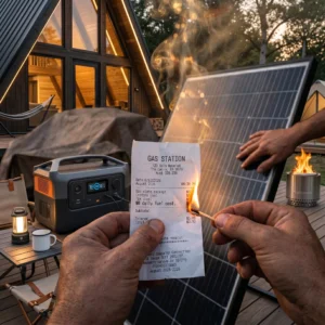 Close-up of a hand burning a generator fuel receipt, with a Renogy 200W solar panel glowing in the background at sunset.