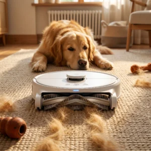 A Golden Retriever watching a white robot vacuum for pet hair clean up thick clumps of fur on a textured living room rug.
