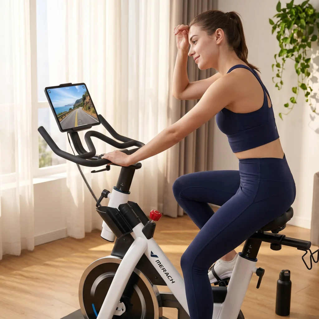 Featured image of woman riding MERACH exercise bike with tablet showing scenic ride in bright home gym