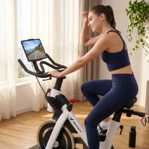 Featured image of woman riding MERACH exercise bike with tablet showing scenic ride in bright home gym