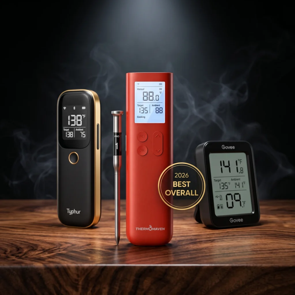 Three best wireless meat thermometer models arranged in premium product photography with 2026 Best Overall badge on winner